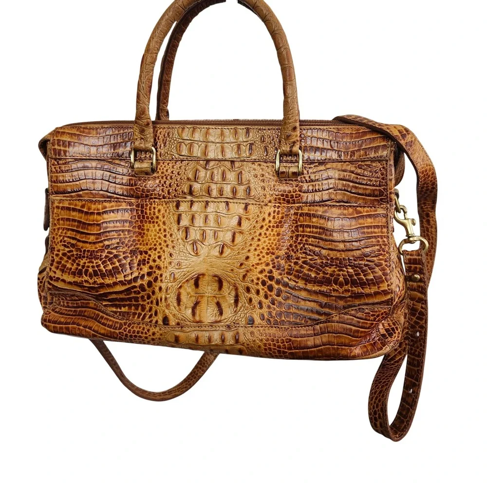 Brahmin Vtg Brown Croc- Embossed Stacy Satchel Leather Handbag Crossbody Bag - Picture 2 of 12
